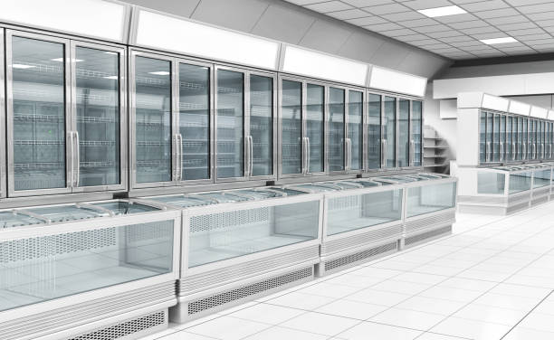 Interior empty supermarket with showcases freezer. 3d illustration